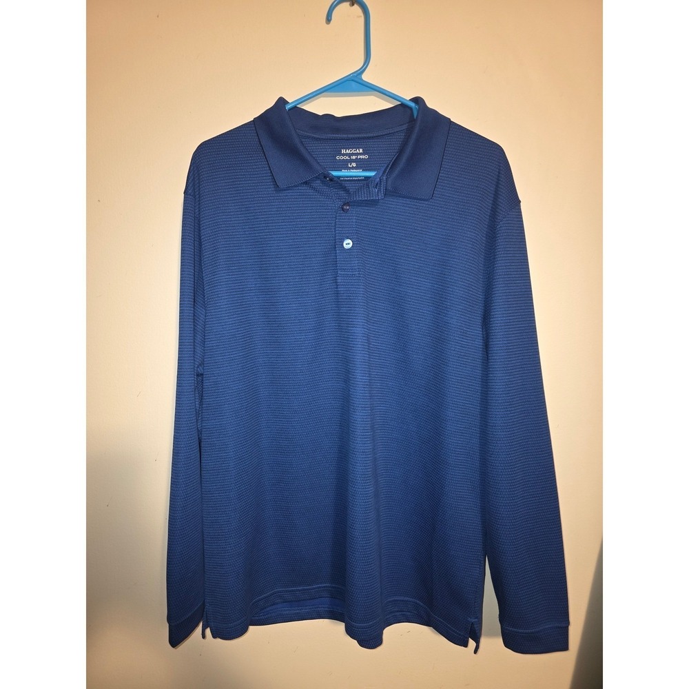 Haggar Cool 18 Pro Mens Long Sleeve Polo Shirt Blue Textured Knit Large L